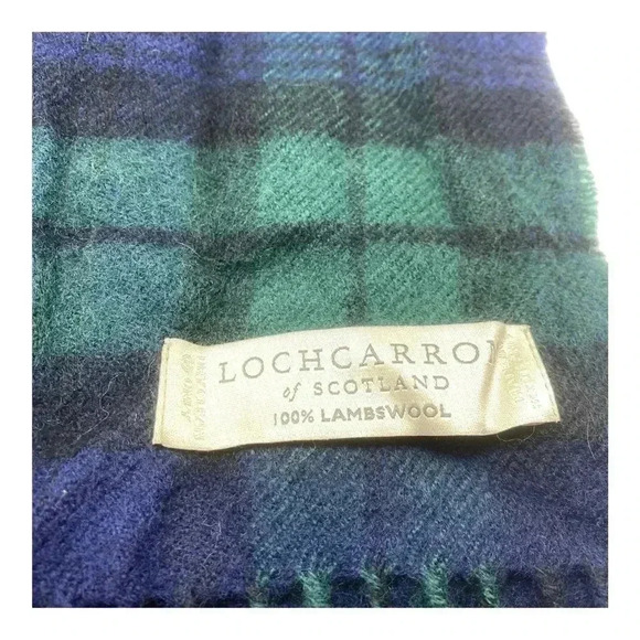 Lochcarron of Scotland green blue tartan plaid lambswool scarf fringe - Picture 2 of 2